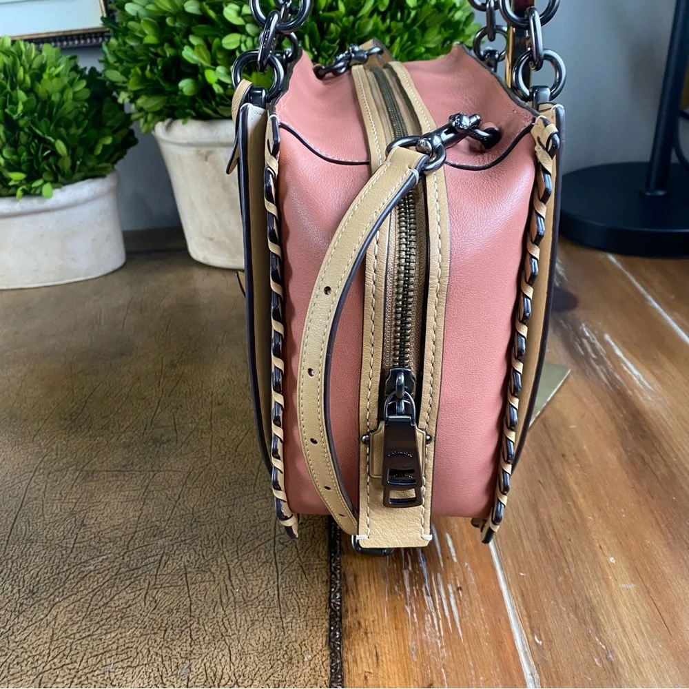 Coach Two-Tone Leather Tote in Cream and Pink with Tan Trim